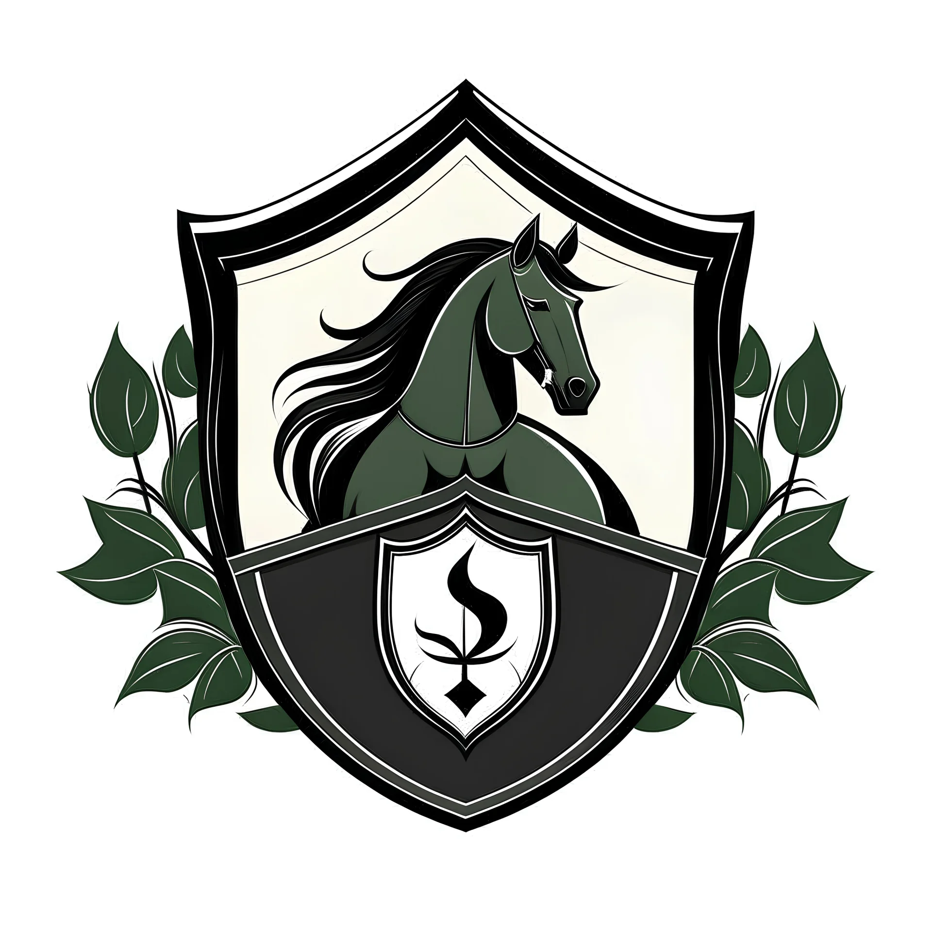 Create an elegant shield logo with a black horse in the middle, and a white waterlily. The shield may have green accents.