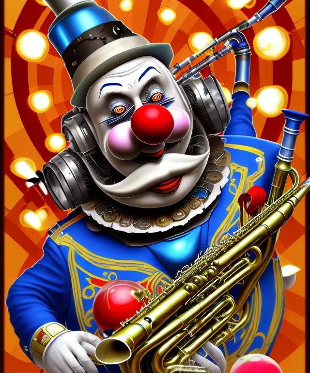 mechanoid old friendly fat clown with trimmed beard playing jazz with a steampunk theme, trumpet, realistic