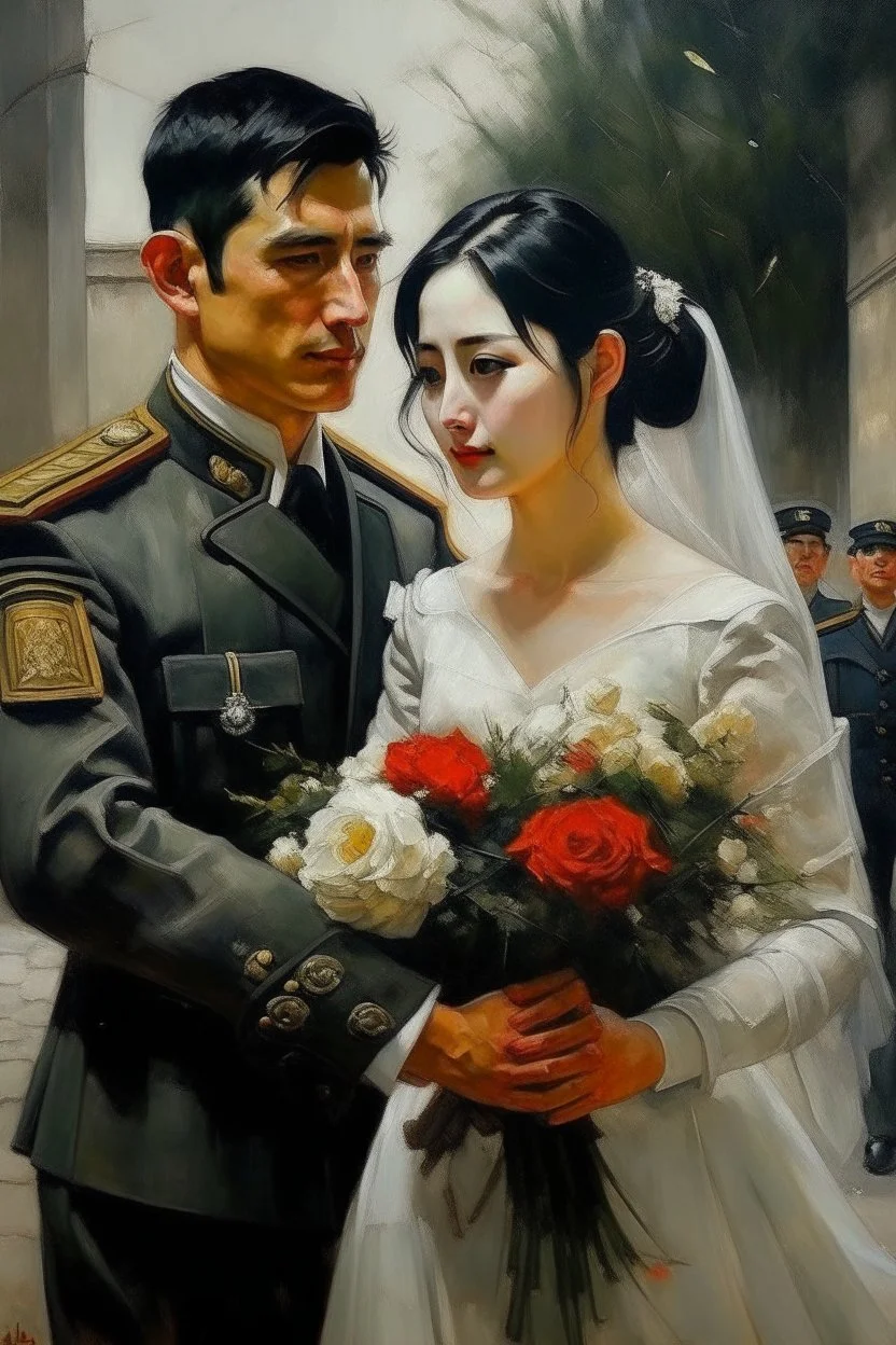 A very handsome soldier with black hair returns from the war and finds in front of him the wedding of his lover Oil painting