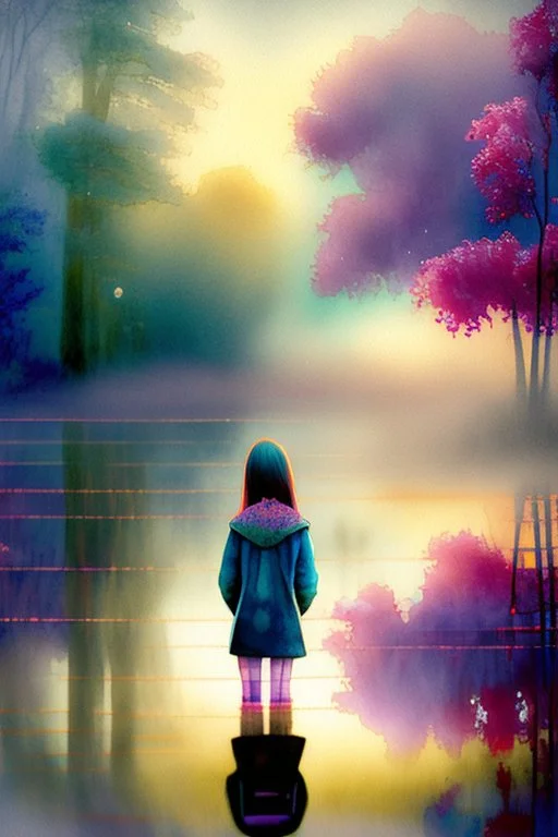 a cute chibi girl is sitting with her back to us, we see her playing tetris on a big screen, in van gogh style in on a misty morning. over a misty pond in the hieght of fall. Watercolour by Alison Brady. Pastel colours S<AI in sunshine, ethereal, otherwordly, cinematic postprocessing