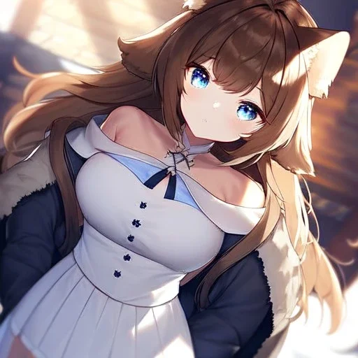 Clear focus, High resolution, Long fluffy brown hair, blue eyes, wearing a white skirt, detailed outfit, wearing a jacket oversized off shoulder, rough line, hair above ears, dog ears, off shoulder white shirt, chopped bangs