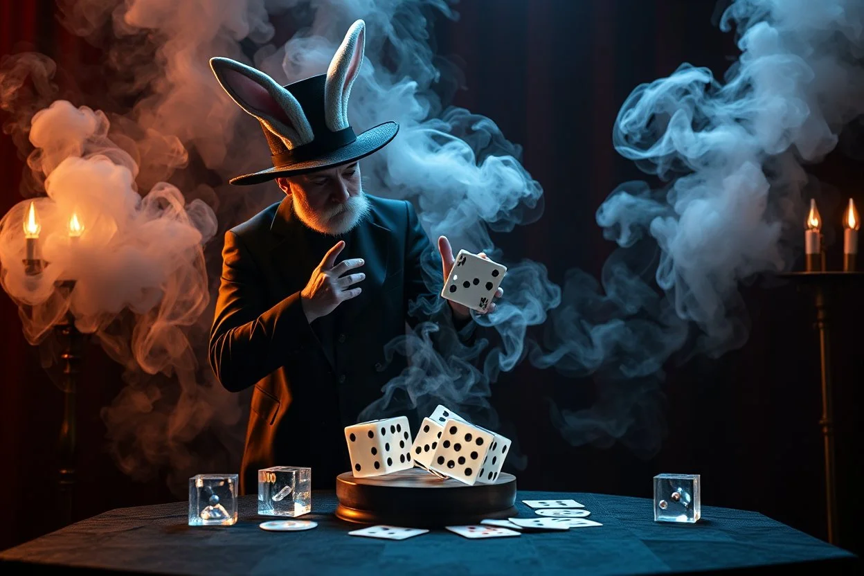 ai magic show presentation wow effect smoke bunnies awesome awesome yoga magician with scary hat on awake within a dream inside a circular saw blade Alice in wonderland and cards and big transparent dices