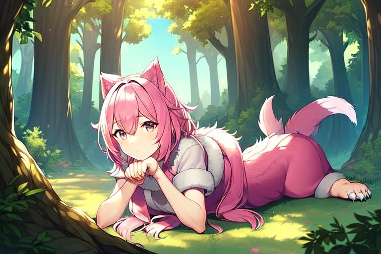 Forest, girl, pink hair, dog tail, sit on all fours, fur on foot and hand, paw