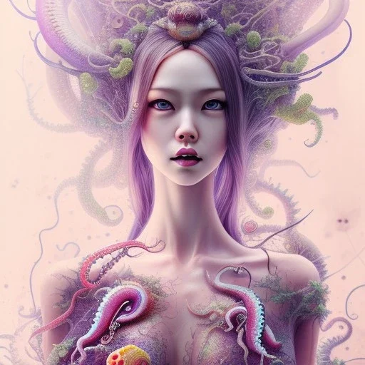 doll up, latex suit,Asian woman, leaning pose, full body, squid, intricate detail , watercolor illustration by <agnes cecile> centipede, insects, nest, octopus, fly, squid, multiple eyes everywhere, Dryad, plants, wildflower,