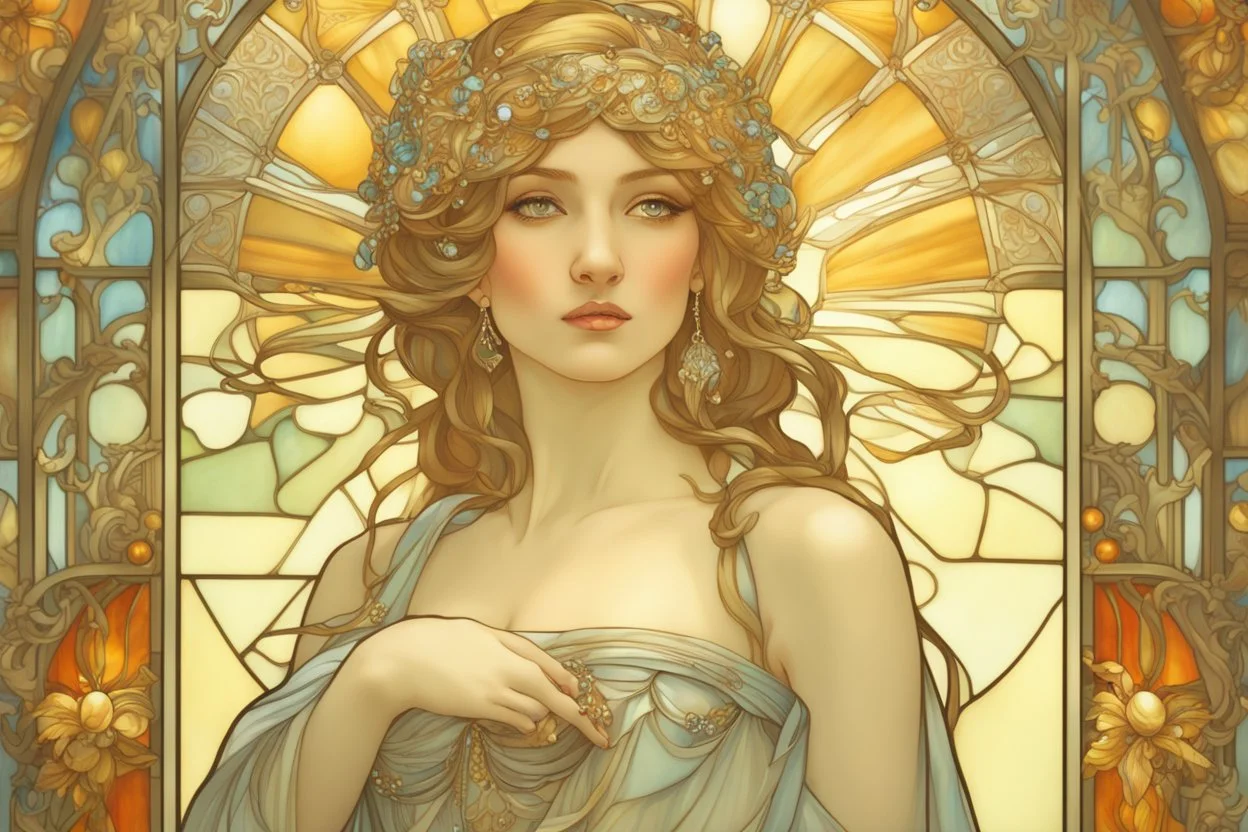 Stained Glass beautiful girl with jewels, pastel colors, in sunshine elegant extremely detailed very attractive beautiful dynamic lighting colourful Alphonse Mucha