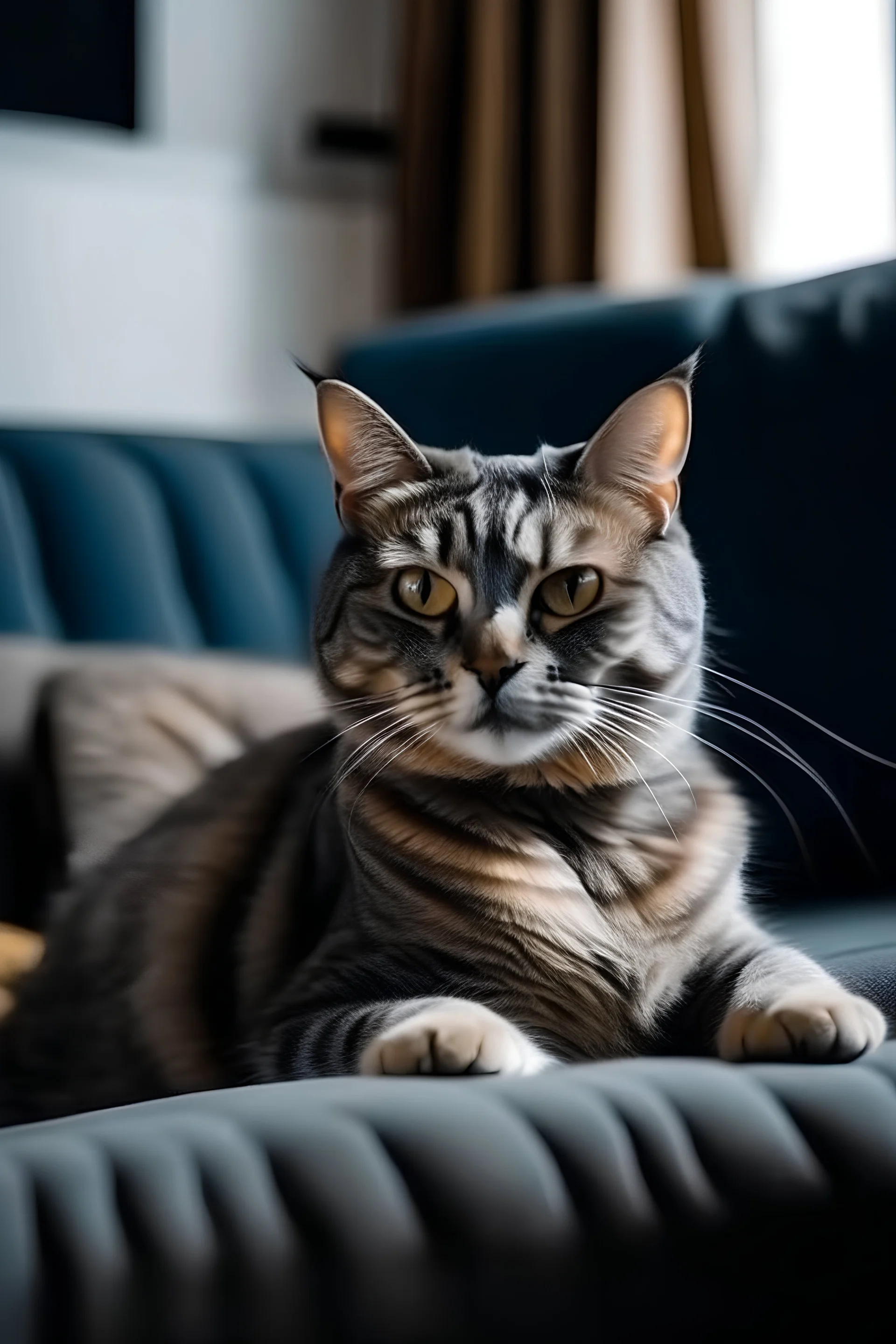 a cat is watching movie on the sofa