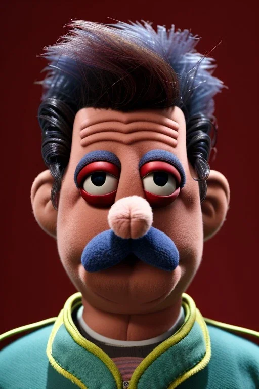 Waist up muppet Portrait, Nicolas maduro us muppet doll, black hair, Venezuelan president, tracksuit red blue and yellow, mustache, photo studio, red background, unreal engine 5, concept art, art station, ray tracing, lumen lighting, ultra detail, volumetric lighting, 3d.