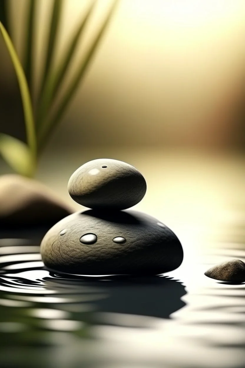 delicate background with spa stones and a bamboo stem, on a blurred background on the stones, abstract silhouette meditation on the stones, photorealistic photo