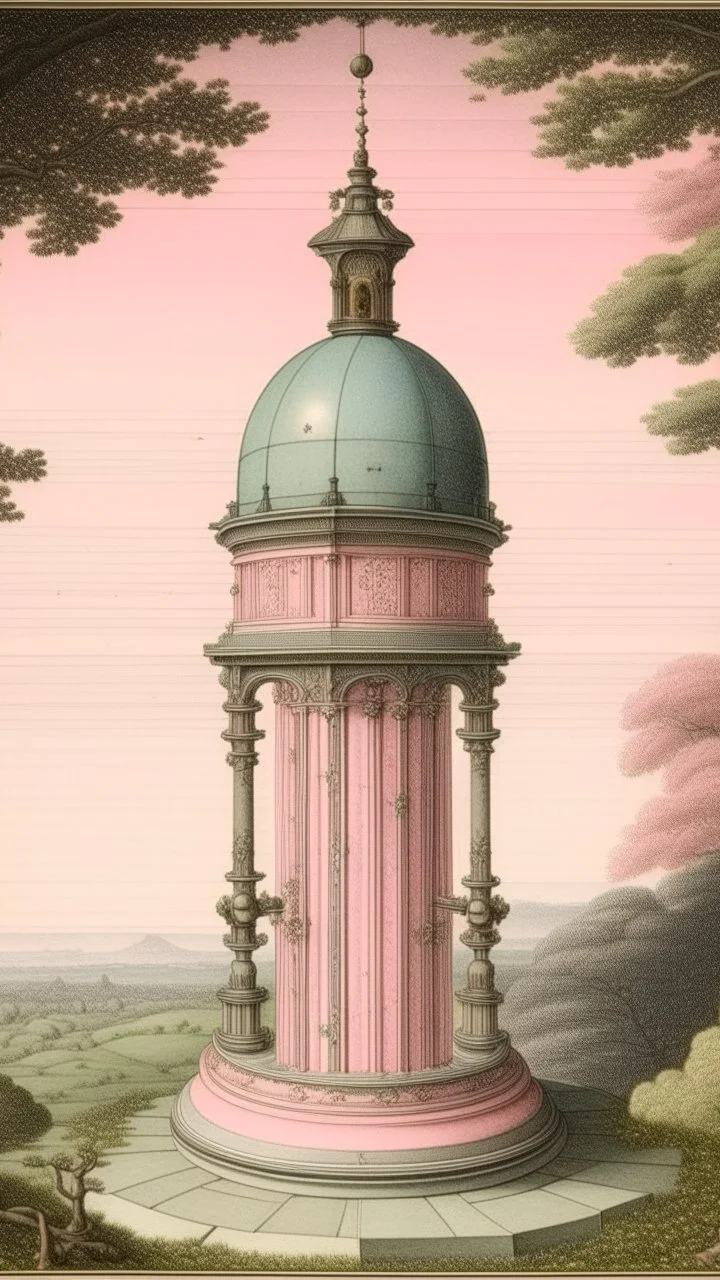 A pale pink dreamy observatory with a telescope pointing at space painted by Utagawa Hiroshige