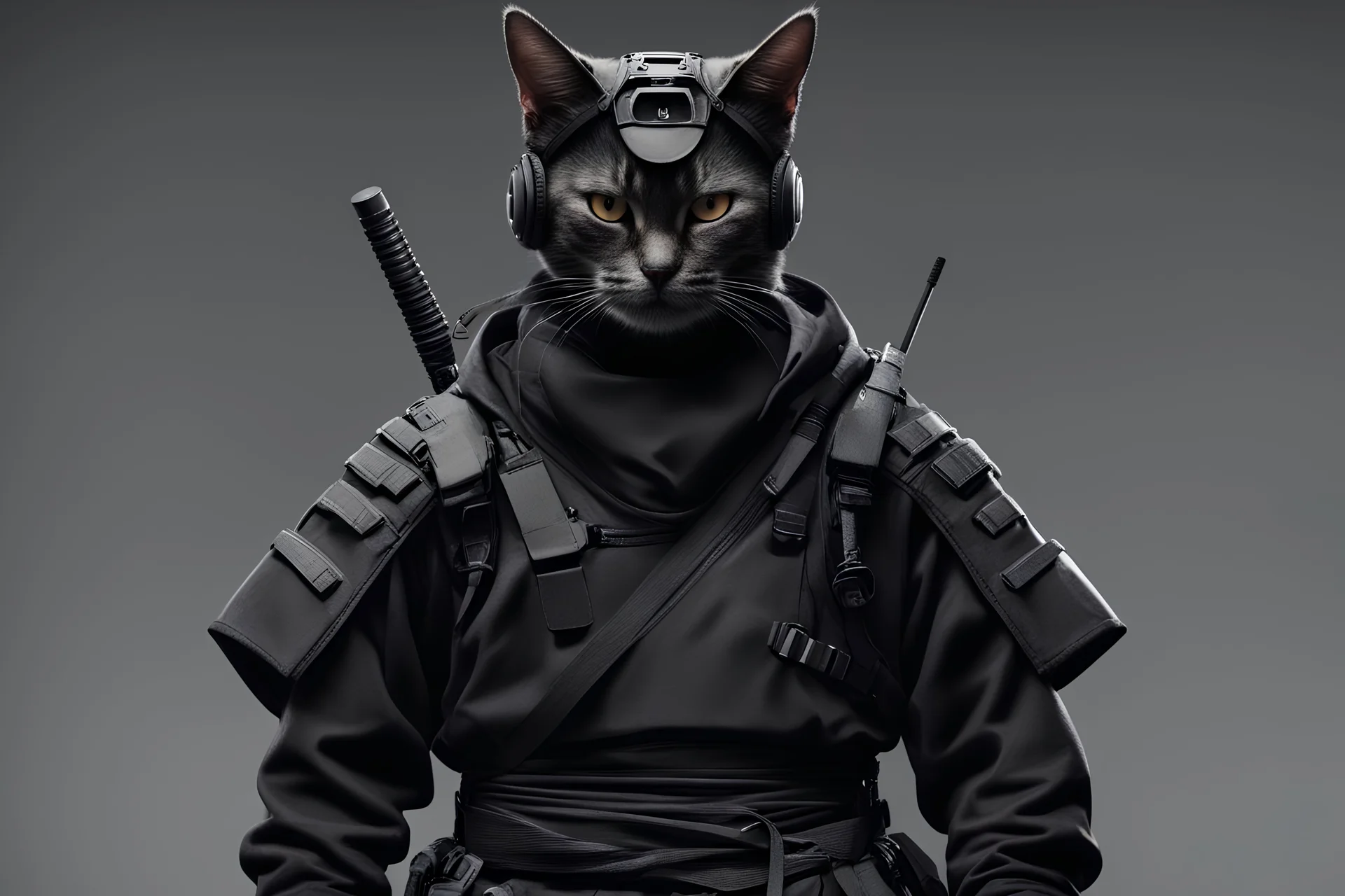 turnaround techwear samurai with a really evil cat face