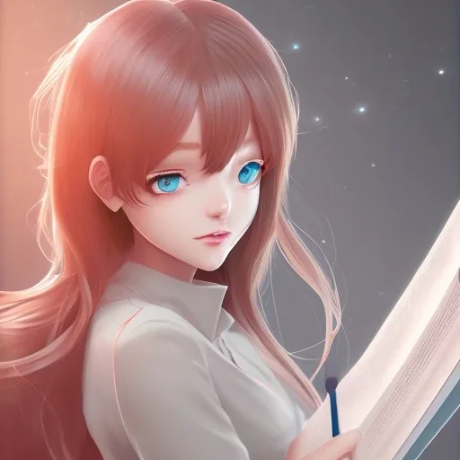 Anime girl studying in room, perfect face, window, nature, unreal engine 5, studio lighting --ar 2:1