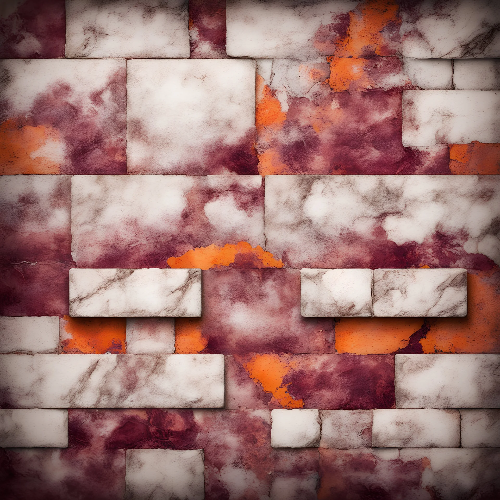 Hyper Realistic marble patterned bricks maroon & orange on rustic grungy background with vignette effect