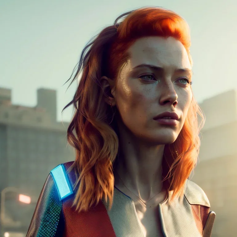 A beautiful portrait of a cyberpunk woman with lot's of grain on her skin red head with hair flying in the wind cyborg smiling facing camera orange color scheme, high key lighting, volumetric light high details with white stripes and feathers unreal 5, octane render, cinema4d, dynamic lighting, dramatic lighting, 4k, redshift render, highly detailed, hyper realistic