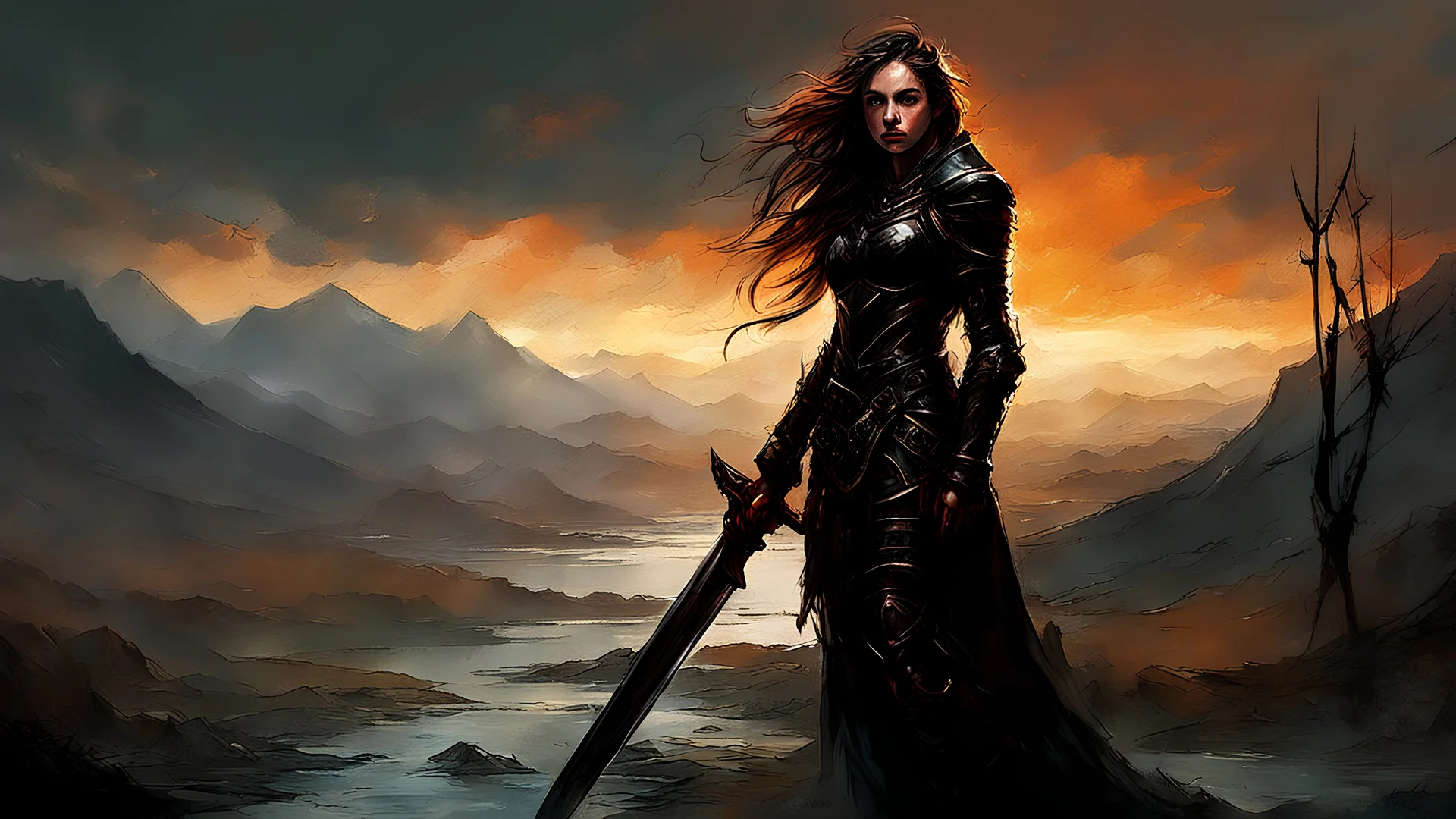 A formidable warrior girl in black armor, on the background Amazing gloomy landscape, flooded with sunset, mountains, trees, fabulous scary hero, , juicy emotions, painting, dark fantasy, gloomy day, dark world, portrait, by Alyssa Monks & Raymond Swanland & James Paick & Anna Razumovskaya