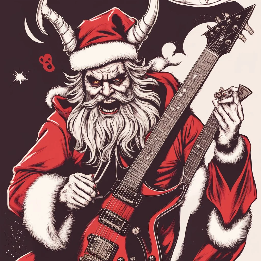 satanic santa claus with devil horns playing electric guitar