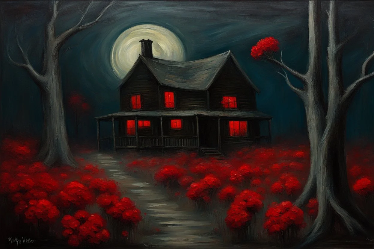 Creepy trees, creepy night, moon, cabin, red flowers, horror, philip wilson steer impresionism painting