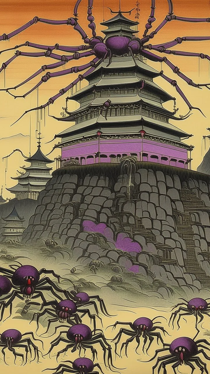 A purple citadel with spiders designed in Javanese shadow puppets painted by Utagawa Hiroshige