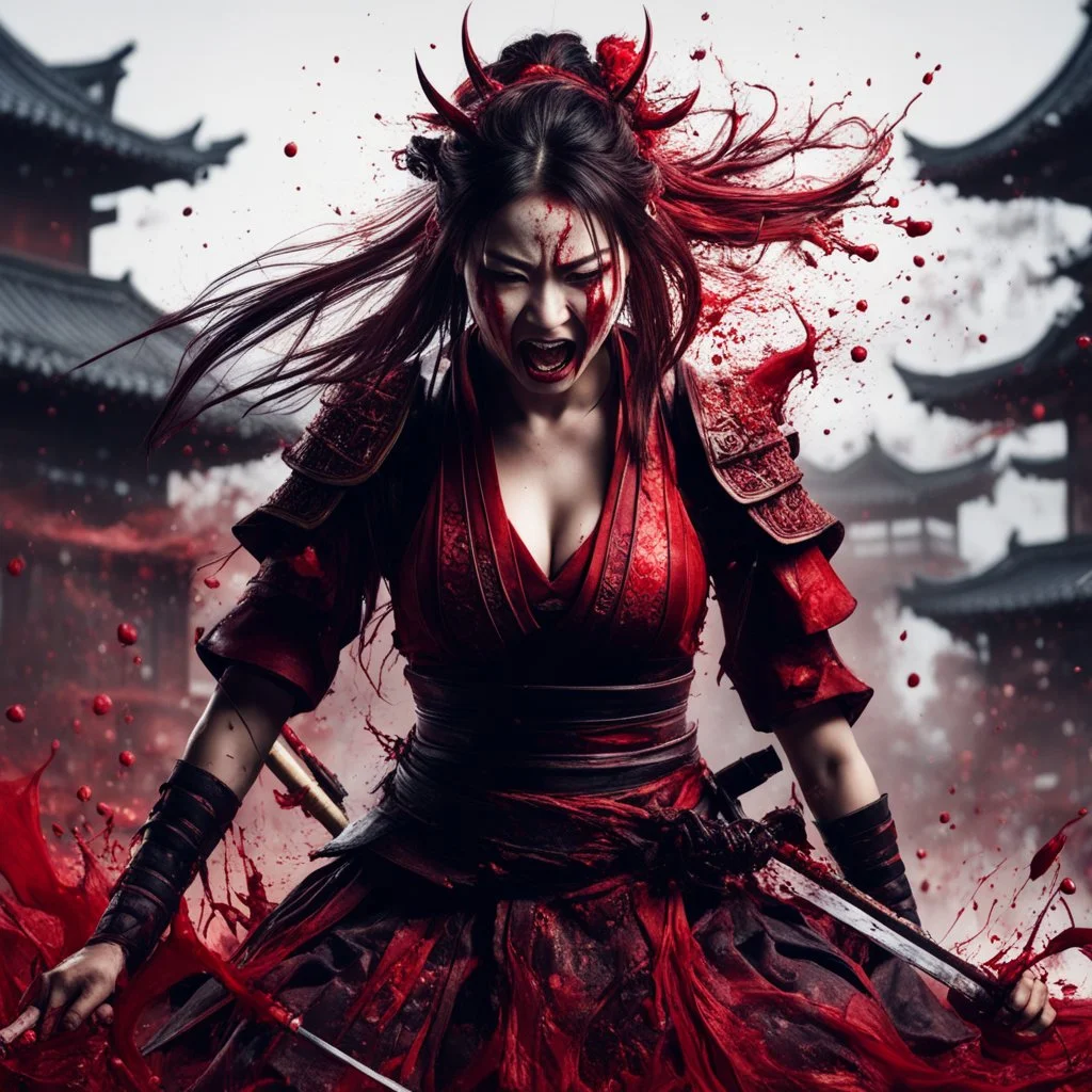 Tall girl samurai, face distorted with pain, screaming, tears streaming from eyes, siting pose, fullbody, splashes blood, behind guts rising from the ground, intricate, darkred tones, macro photography,