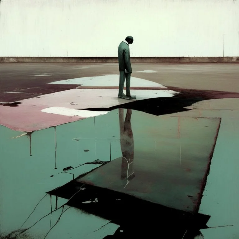 Minimal contemporary abstract oil paintings concrete desolate 1960s carpark. In the style of Justin Mortimer and Francis Bacon. road markings on tarmac.