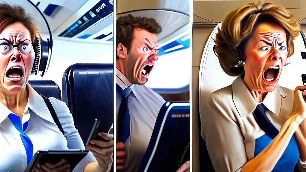 double scene left with with angry lady at home on phone and the right with happy male airline representative on the phone