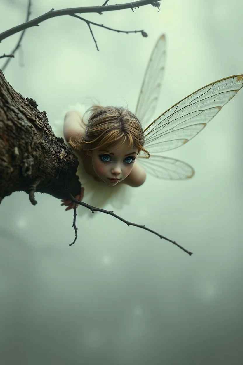 Extremely realistic photo of fairy ,hovering around a tree with big winks, fog, general foul weather, (Rembrandt Lighting), zeiss lens, ultra realistic, (high detailed skin:1.2), 8k uhd, dslr, Dramatic Rim light, high quality, Fujifilm XT3, artwork in pale distressed tones , minimalistic approach, blends old world aesthetics art with elements of distressed painting and illustration, shadow play, high conceptuality, palette inspired by Charlene Mc Nally, Carne Grif