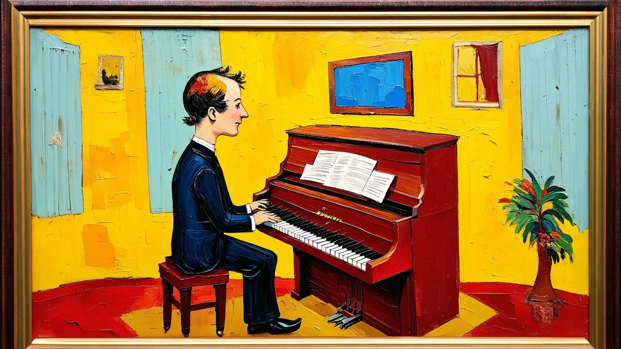 Lonely pianist, folk art surreal; mid-20th century naive art, abstract,