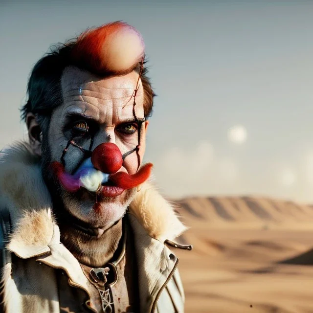 Ultra realistic mad max scene. clown sweet man, color smoke fog, waist up view, Wes Anderson style, happy, highly detailed, concept art, unreal engine 5, god rays, ray tracing, RTX, lumen lighting, ultra detail, volumetric lighting, 3d, finely drawn, high definition, high resolution.