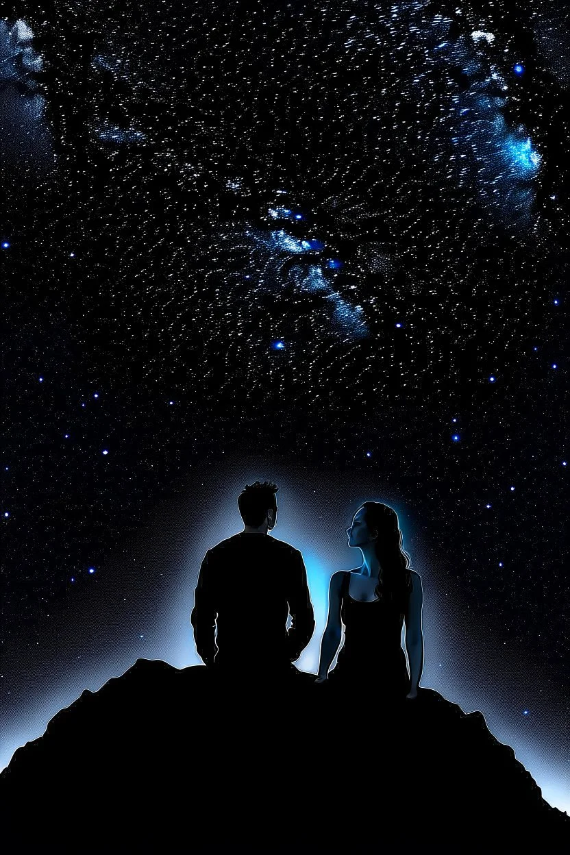 Black background on a mountaintop. A silhouette of a fit human man and a silhouette of a fit human woman sitting close to each other, looking at the stars.