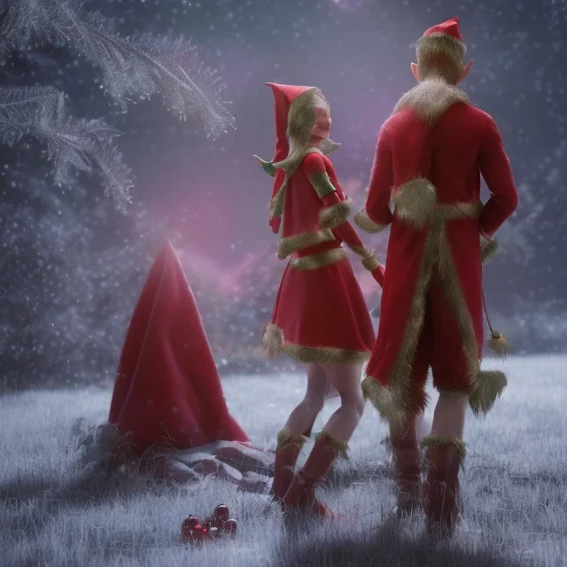 two elves. woman and man. Christmas scene. photorealistic. low-key