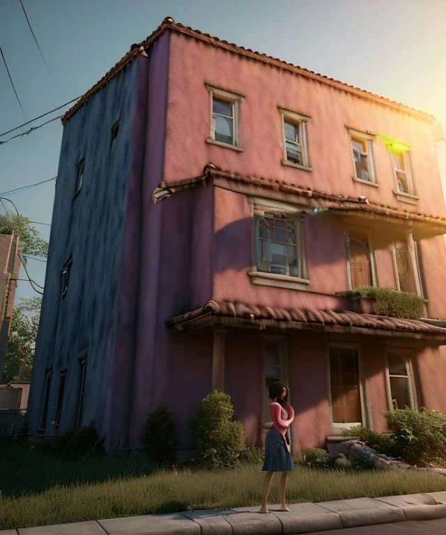 Realistic image, super giant woman inside a house, looks out through the windows. people on the street are watching him, soft color, highly detailed, unreal engine 5, ray tracing, RTX, lumen lighting, ultra detail, volumetric lighting, 3d, finely drawn, high definition, high resolution.