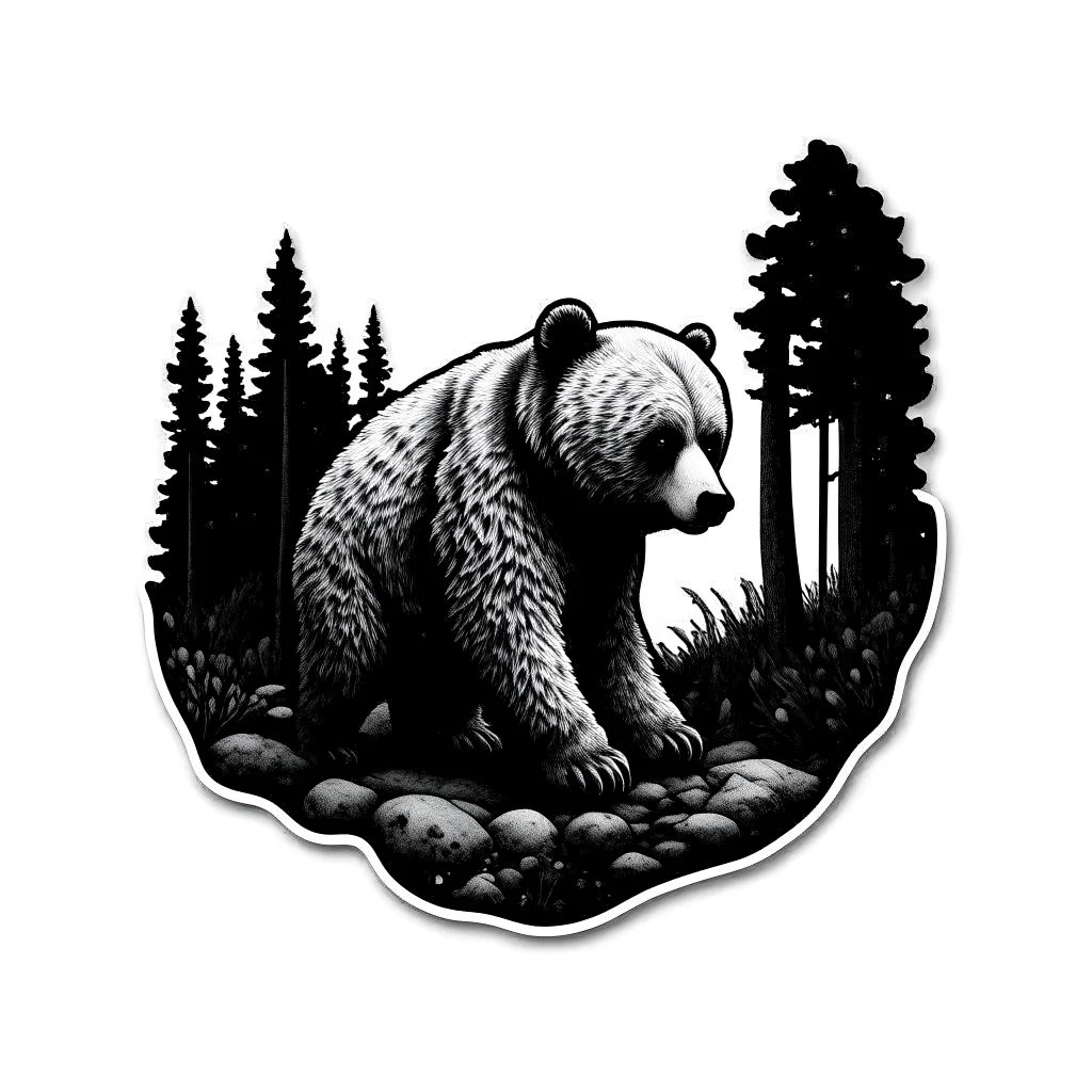Sticker design on white background, Teddybear walking in a forest, in liberty art style, ambient light, high details, photorealistic, monochrome, black and white