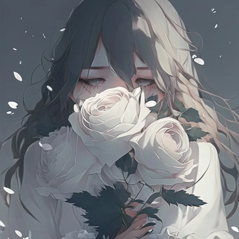 Pictures of a girl with a white background holding white roses covering her face Like from a anime movie, digital art, anime, 4k, full details, high resolution