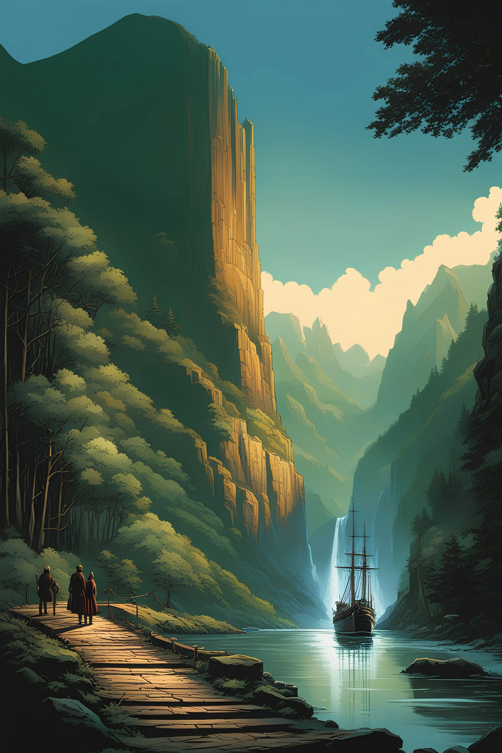 a warship moored at a medieval masoned pier along a wide river. the end of a steep mountain valley. huge waterfall. stunningly beautiful surroundings. Mark Brooks and Dan Mumford, comic book art, perfect, smooth