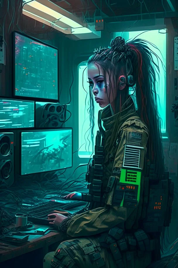 Cyberpunk girl in a room with five live feeds from soldiers