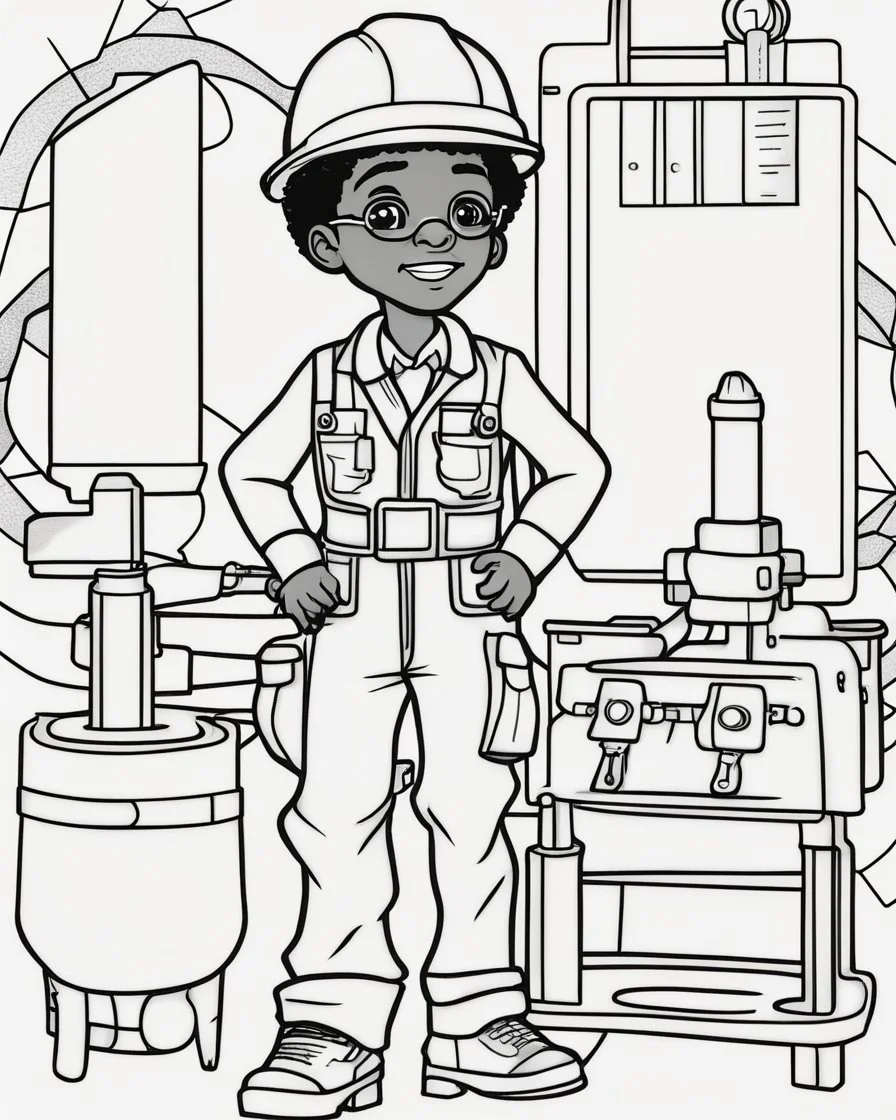 coloring page, depicting a black kid as an Engineer, full body, outline, black and white, highly defined, white background, empty background, cartoon style, coloring book style