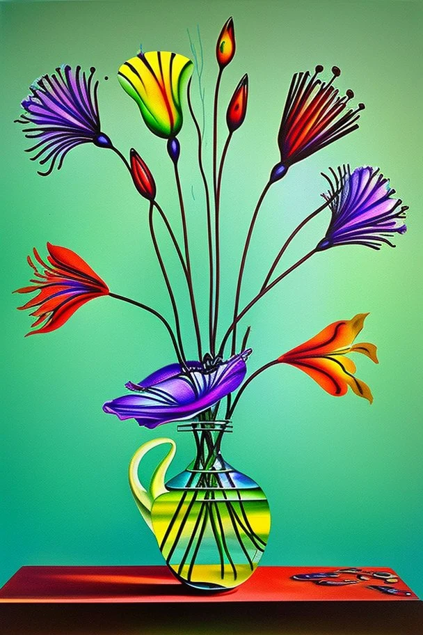 melted flowers in a glass vase, melted family pictures on the wall in the style of Salvador Dali's with green, blues, orange and purples, surrealism style