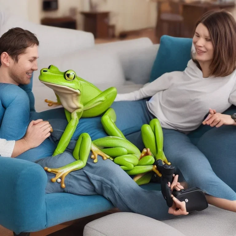 Two frogs sitting on the sofa in the living room and PS4 controllers in their hands, full and clear body parts, live, real, 4K, 8K, 16K