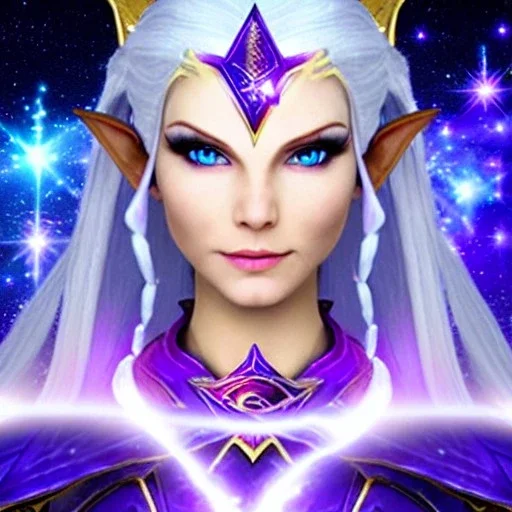 cosmic mage, elf, female, battle mage, epic, cosmic magic, long ears, white hair, face details, pale skin, jewellery, broad shoulders, sharp ears, cosmic clothes, cosmic eyes, ears shown, light out of eyes, the cosmos in eyes, stars in eyes, shining eyes, non human face, thin face, animation, detailed ears, magical eyes, non realistic, closed mouth