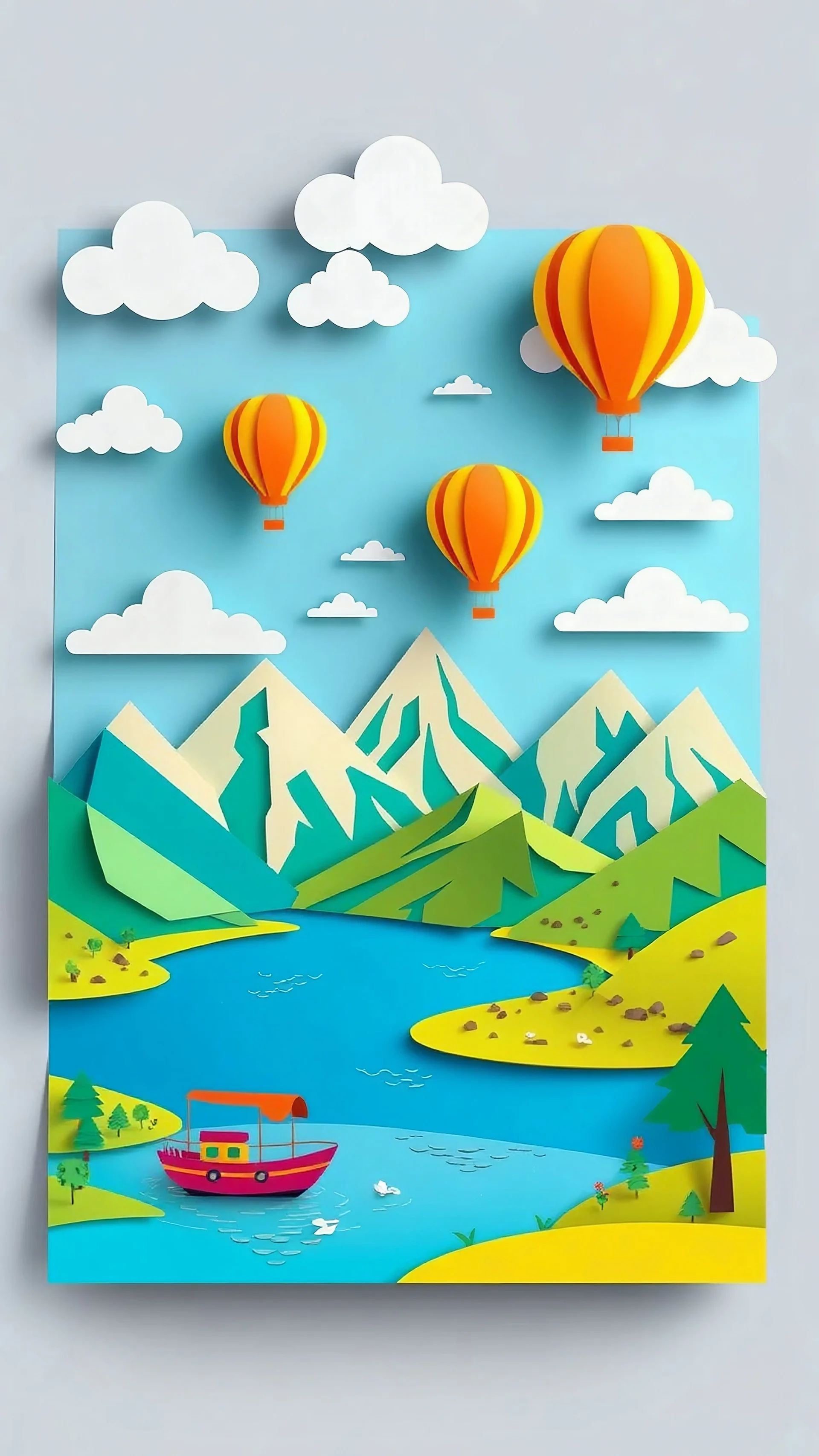 The image shows a digital artwork resembling a paper landscape. It features a vibrant scene with hot air balloons floating above a mountainous terrain, a body of water with a boat, and stylized clouds. The artwork uses a paper-cut or layered paper effect, giving it depth and texture. The color palette is bright and cheerful, with blues, yellows, and oranges dominating the scene.