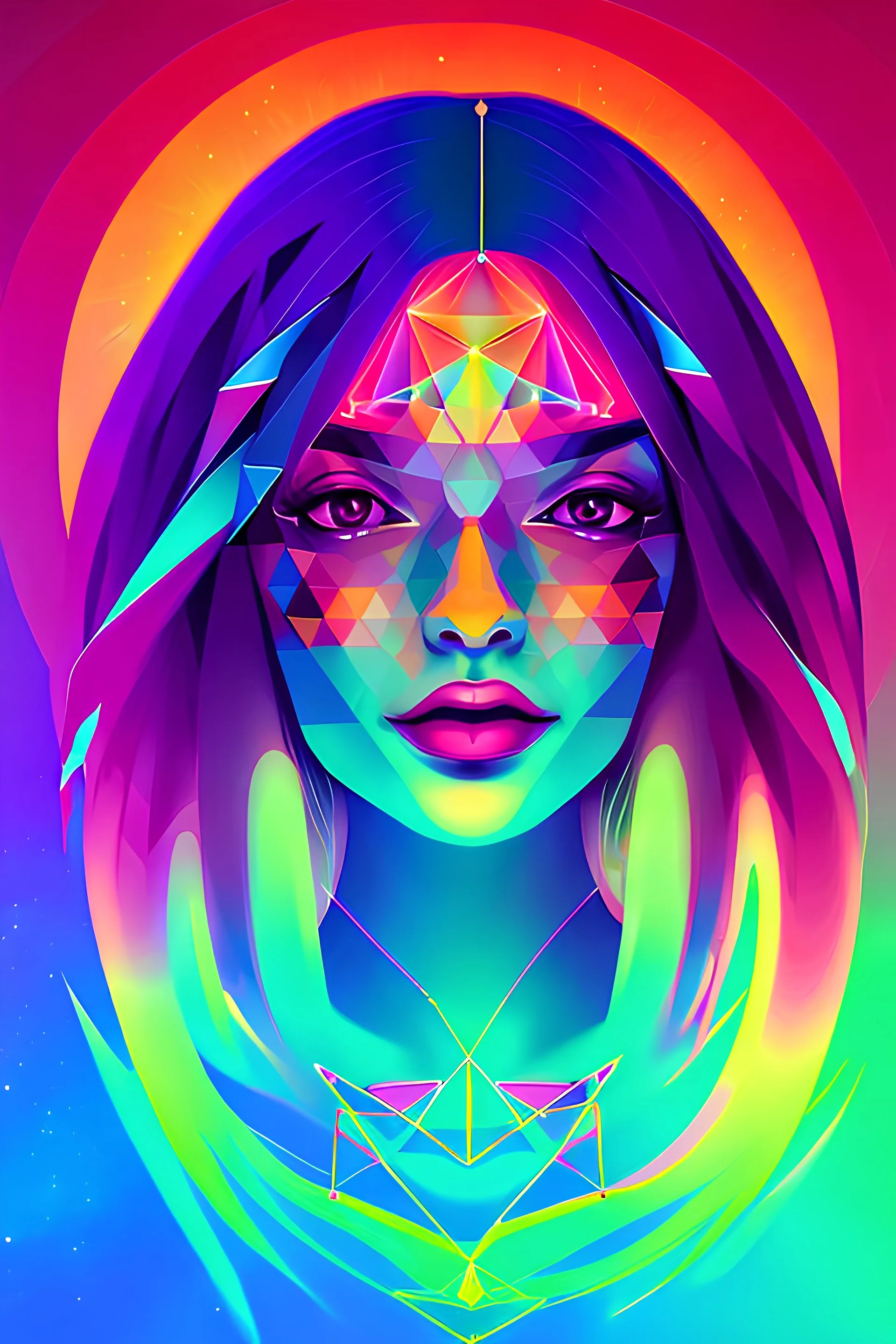 Portrait femme, cosmique, couleurs vives, triangles, centré, détail, résolution 8k,