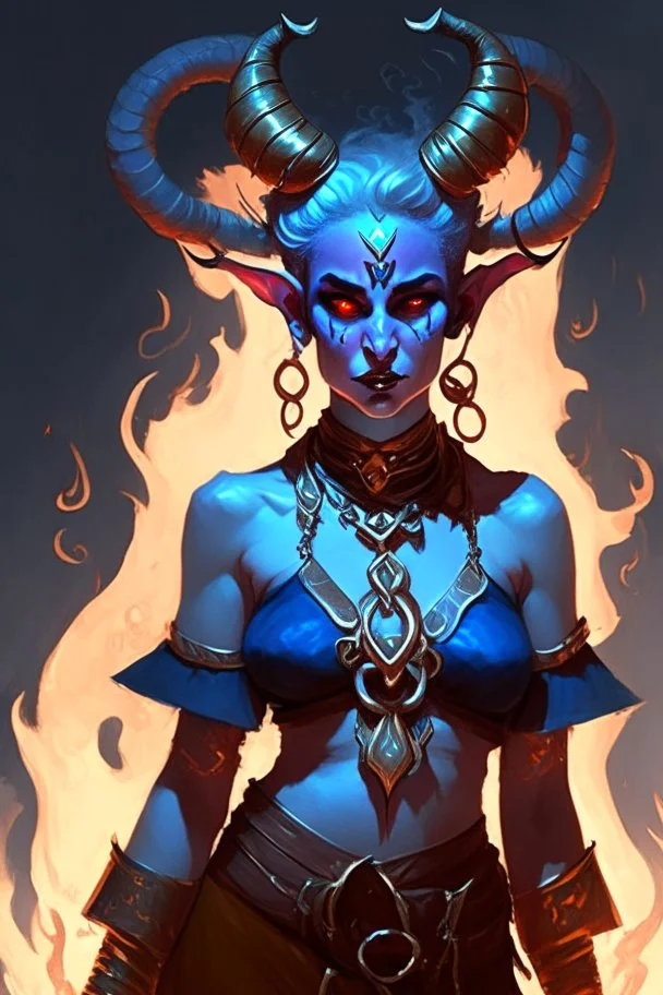 A full body image of this tiefling woman she has fire powers, she is floating she has lots of jewelry and the horns of a ram