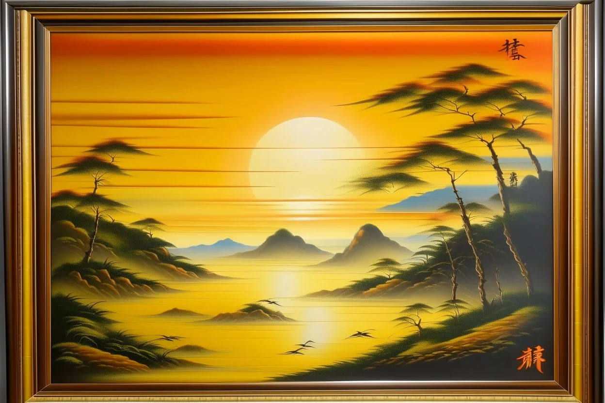 cartouche japanese oil painting of a sunrise