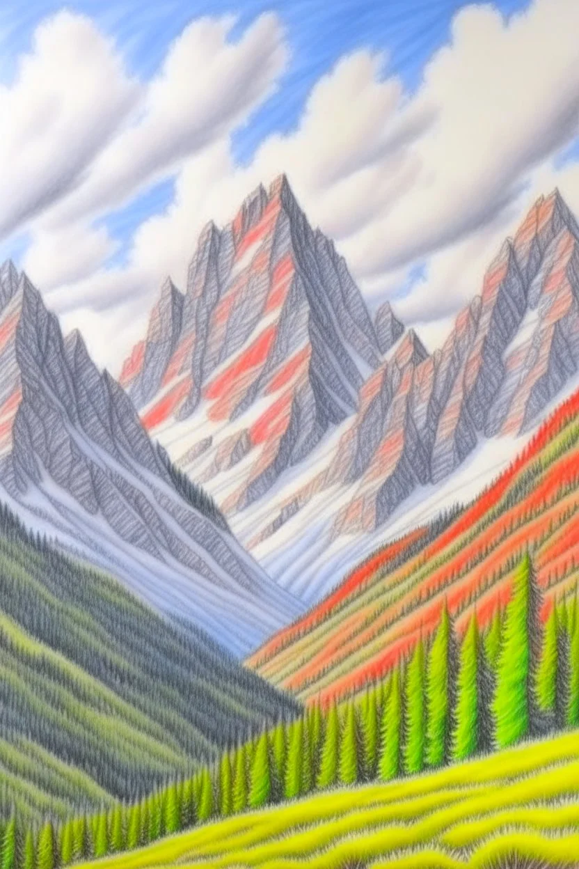 colored pencil drawing, realistic, pencil, mountains