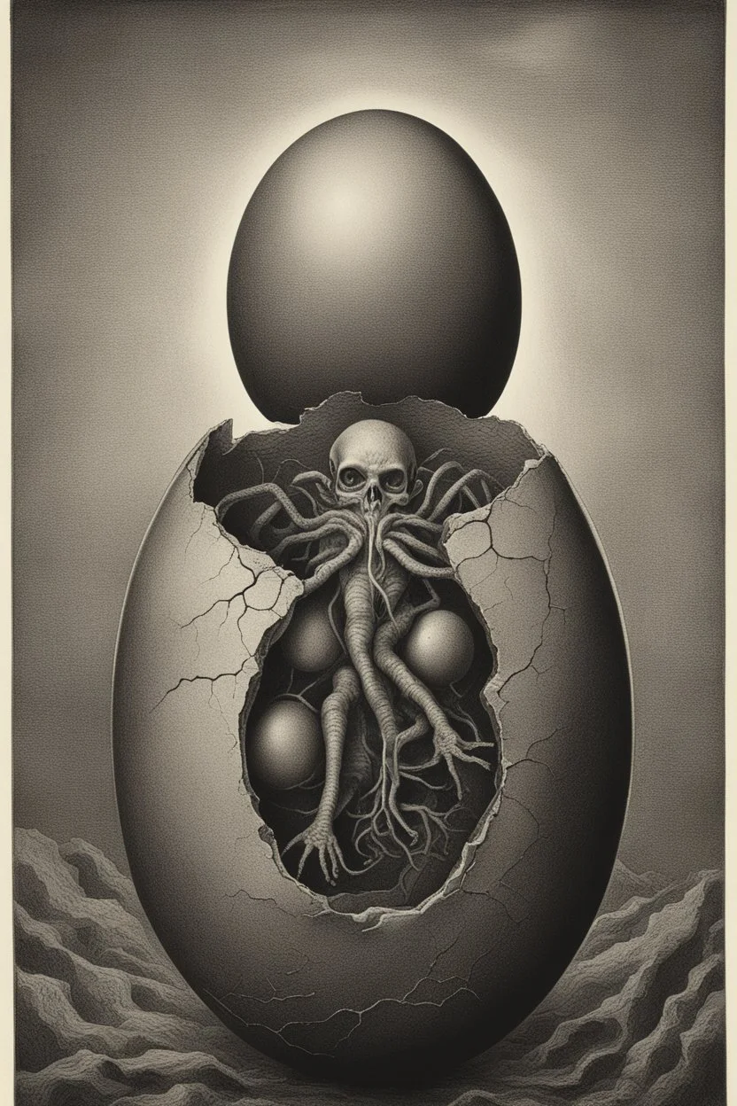 a haunting image of an embryonic human emerging from a cracked egg