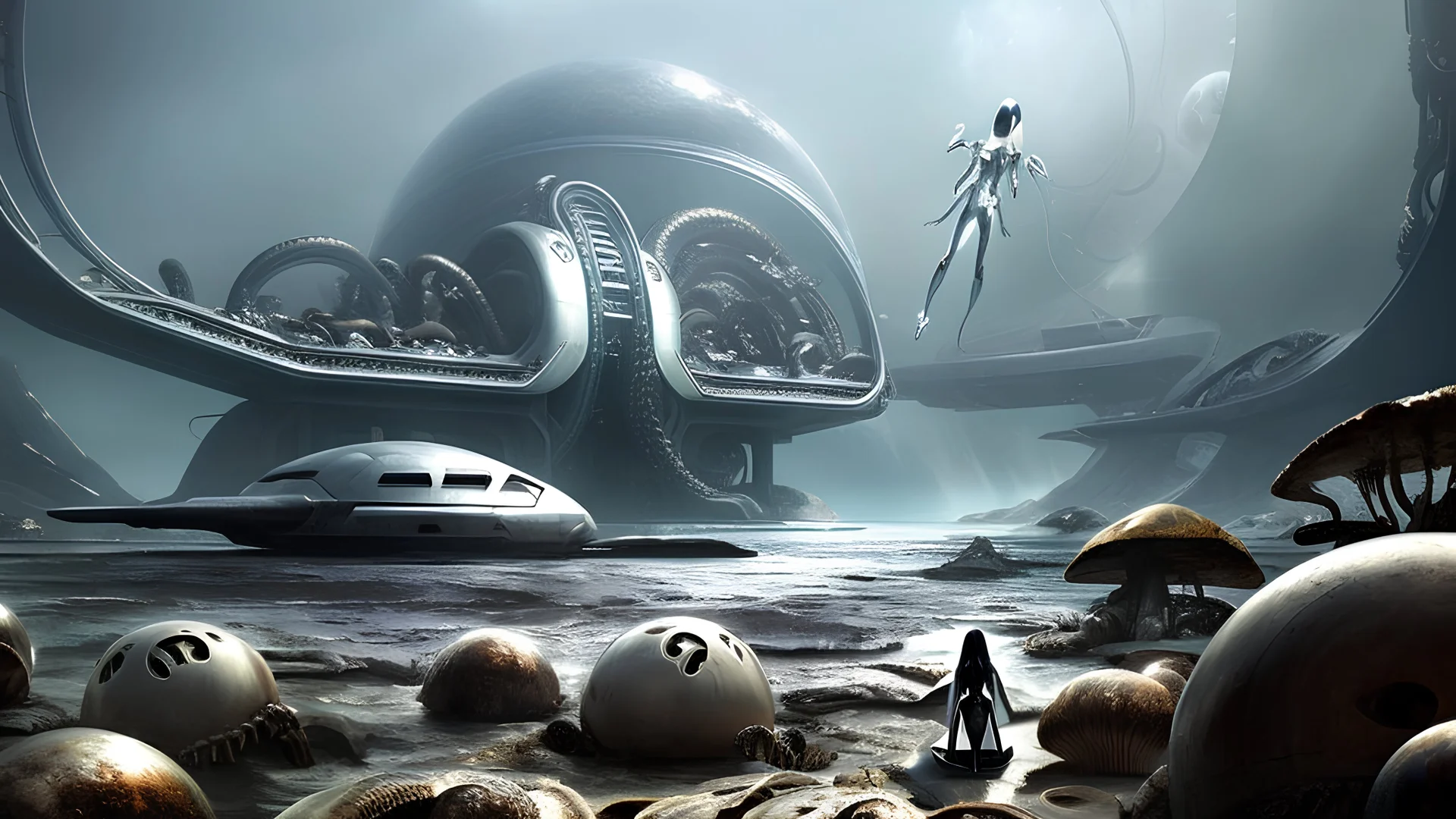 woman with dark hair in a silver robotic catsuit, standing on a futuristic alien beach with a crashed spaceship in the water, with mushrooms with octopus tentacles flying in the air