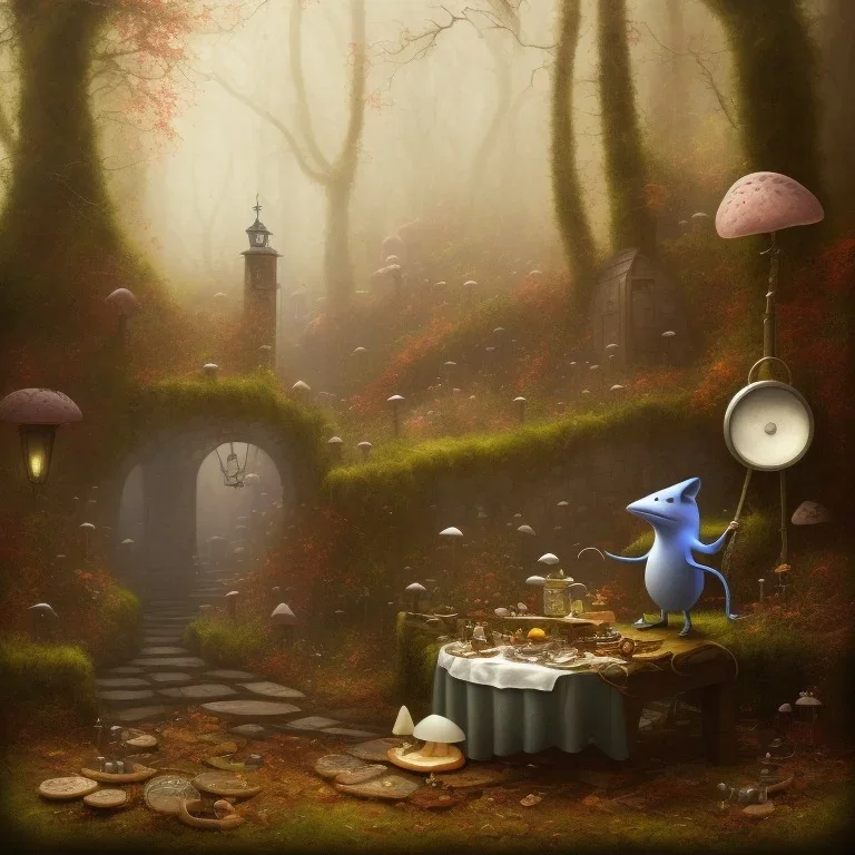 A Plague Doctor (AND) a Mouse having a port & cheese party in a forest of mushrooms by a river, art by Pixar and Disney