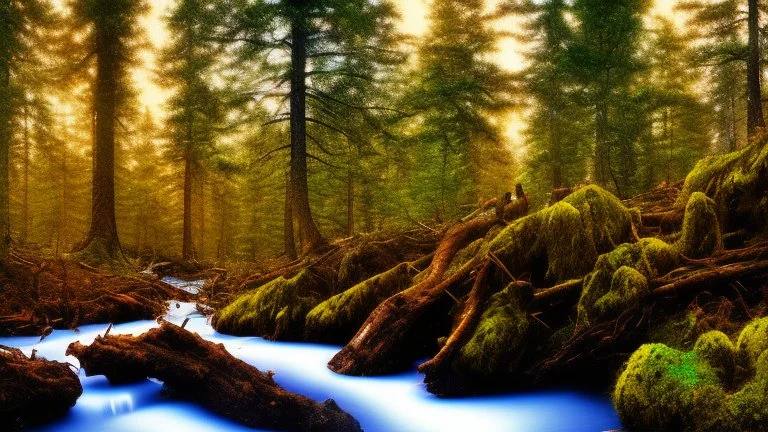 stream running through a rocky clearing in a pine forest