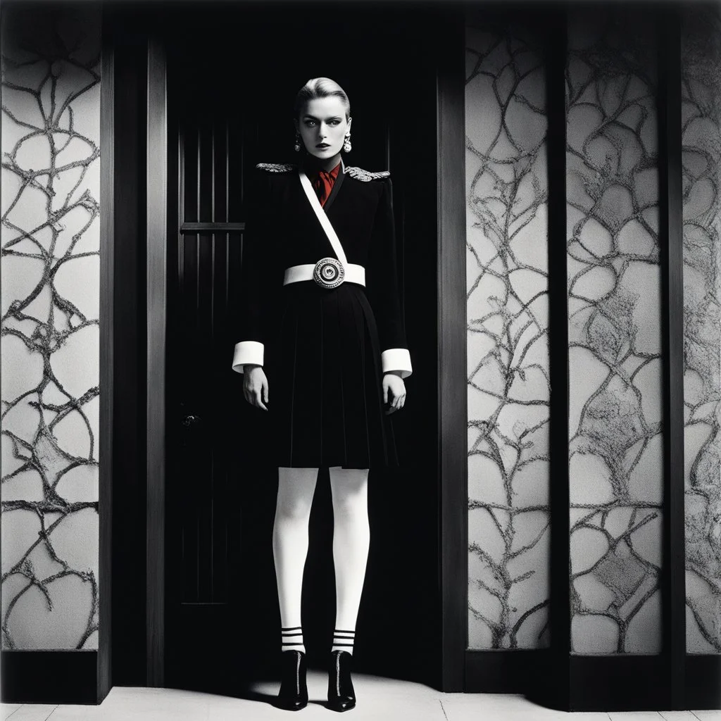 [Le Cabinet de Curiosités by helmut newton] The creature's immense almond-shaped eyes glow with an inner light, revealing a depth of ancient wisdom and unfathomable mystery. As it moves through the chamber, Clad in a Japanese-inspired ensemble of red, black, and white, the being wears a high kilt and thigh-high white stockings, adding a touch of ethereal allure to its reptilian form. A skeletal rib cage and massive vertebrae protrude from beneath the cybernetic exoskeleton, hinting at a fusion o
