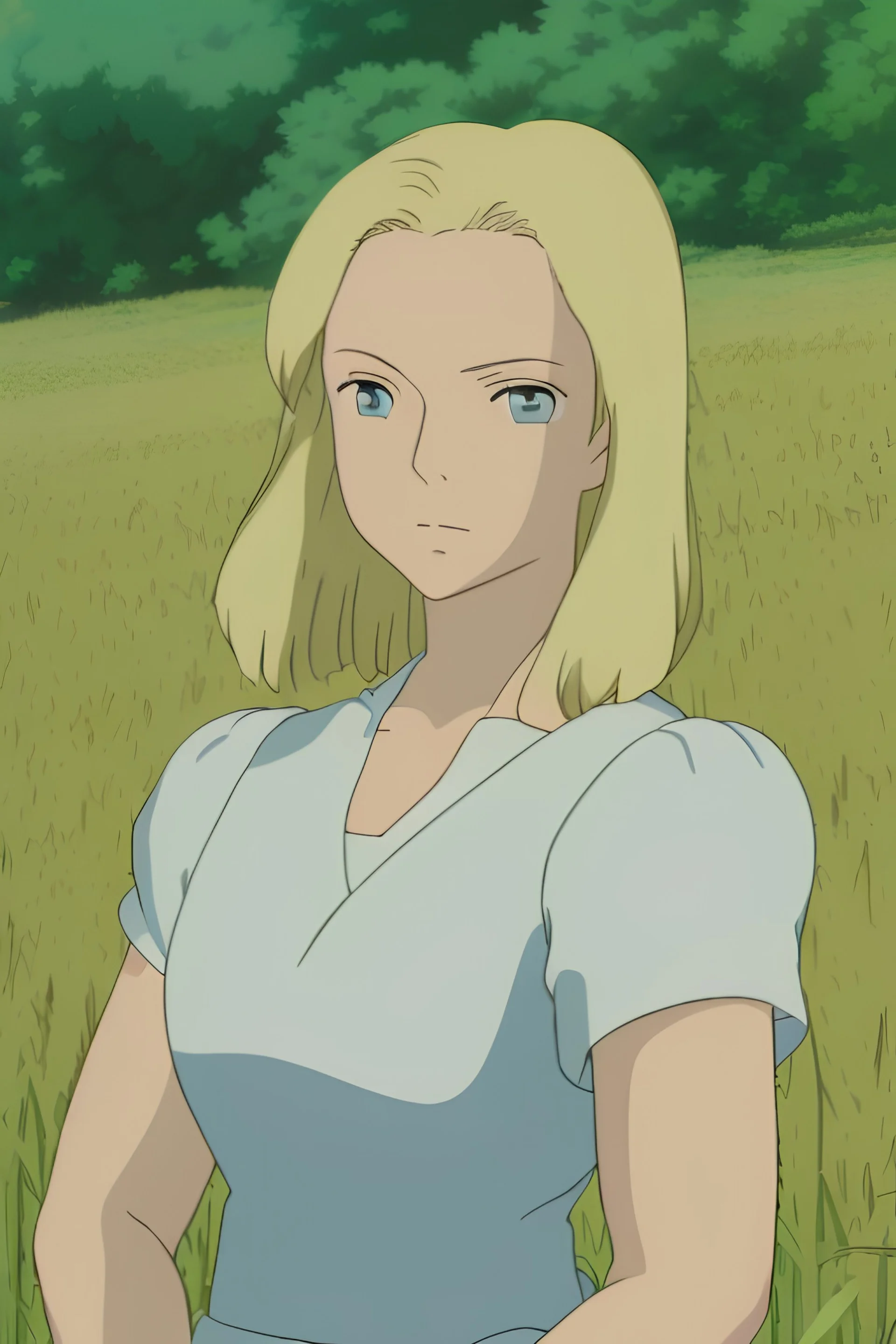 Blond woman with blue eyes in a field of wheat, bright skin, plump lips.