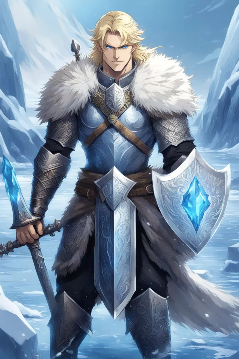 1 anime man. warrior, with blue eyes and blonde hair man in silver Viking armor with fur around the neck with blue crystal on his chest, standing in water in the artic, holding a ice sword and shield, warrior in, anime style